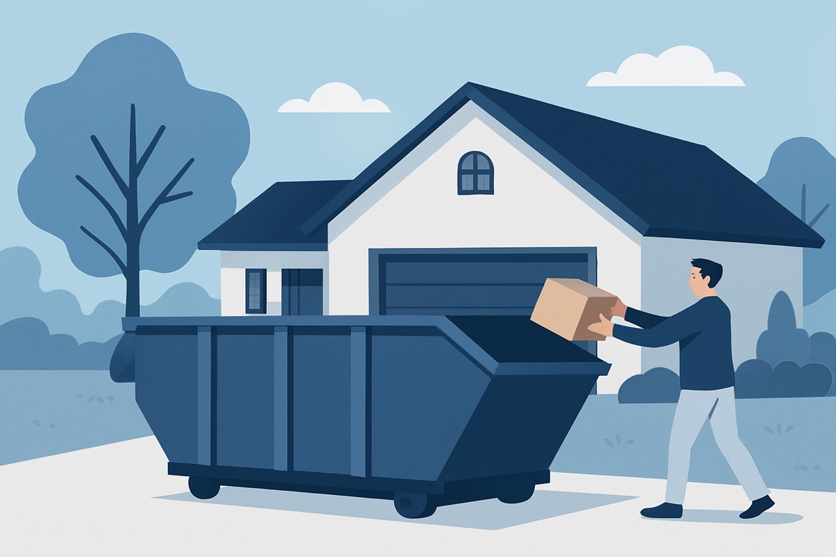 Illustration of a roll-off dumpster at a home
