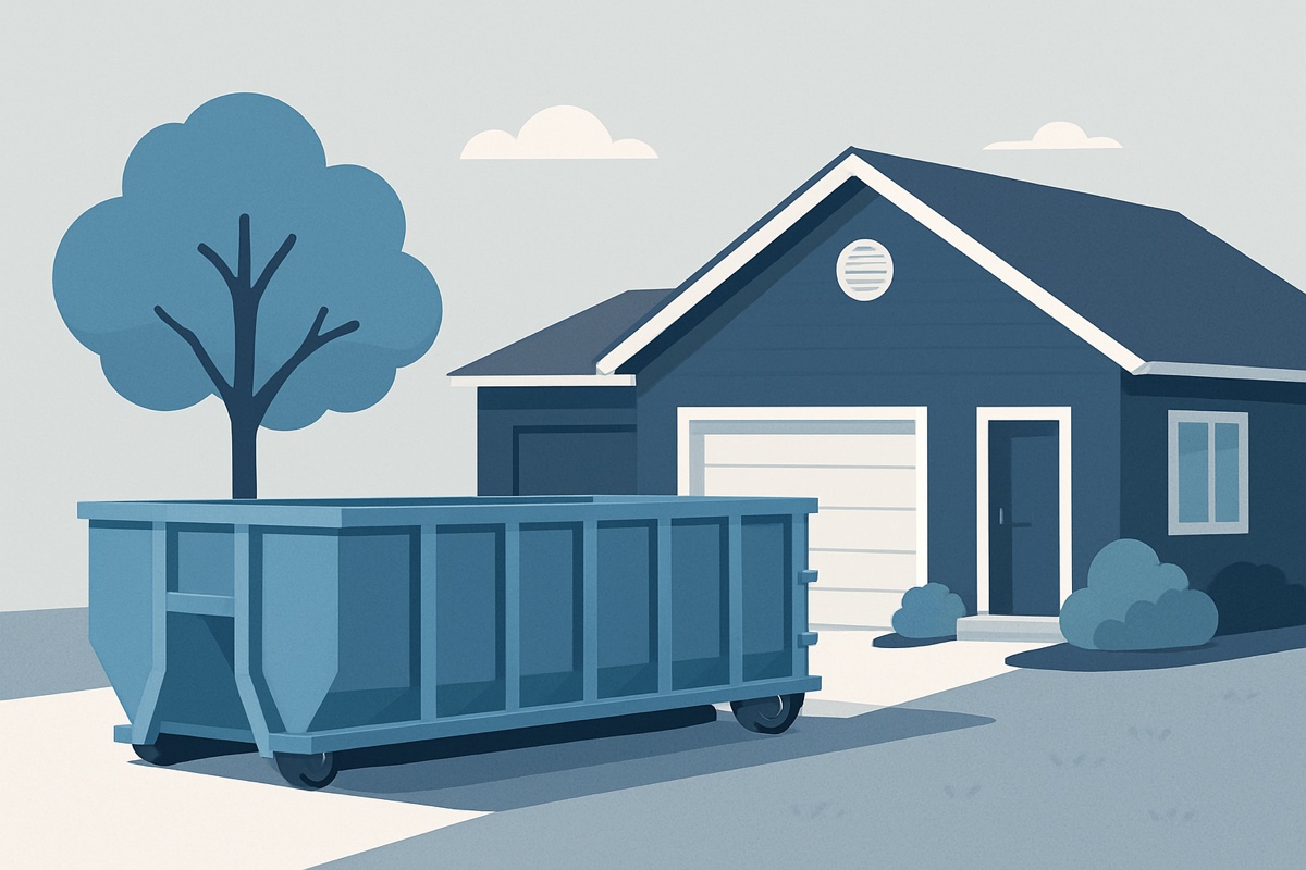 Illustration of a roll-off dumpster at a home