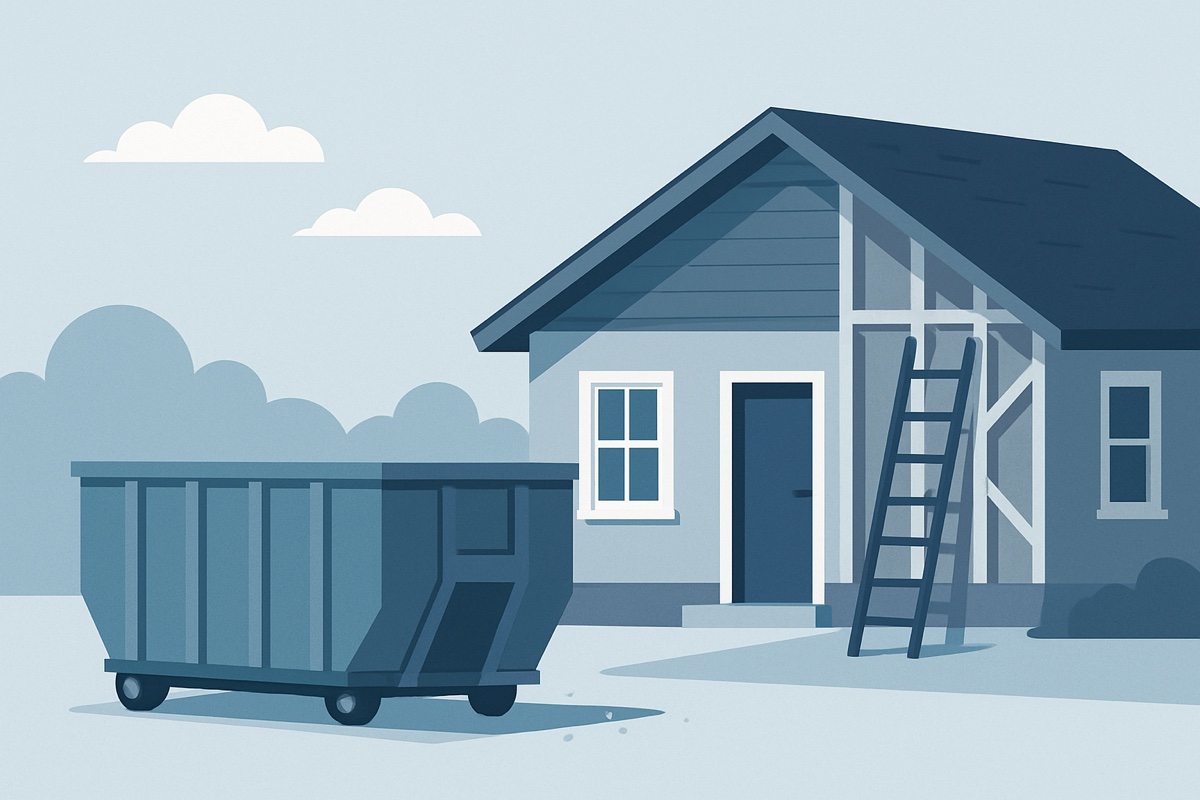 Illustration of a roll-off dumpster at a home