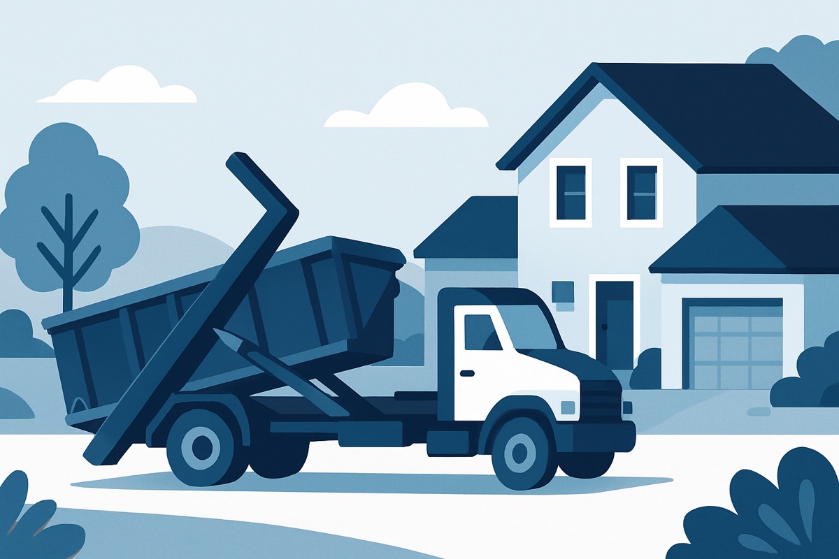 Illustration of a roll-off dumpster at a home