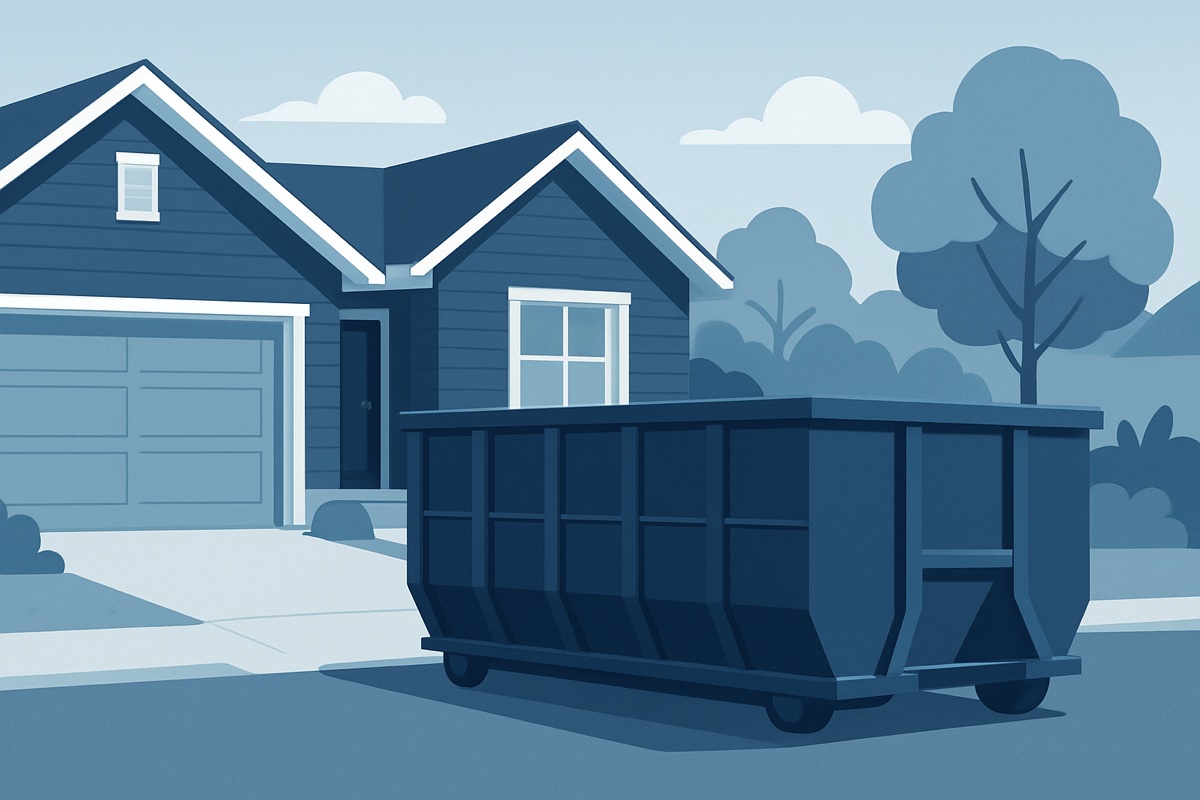 Illustration of a roll-off dumpster at a home