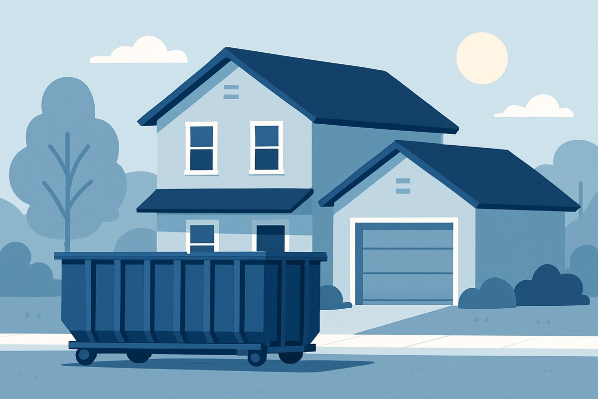 Illustration of a roll-off dumpster at a home