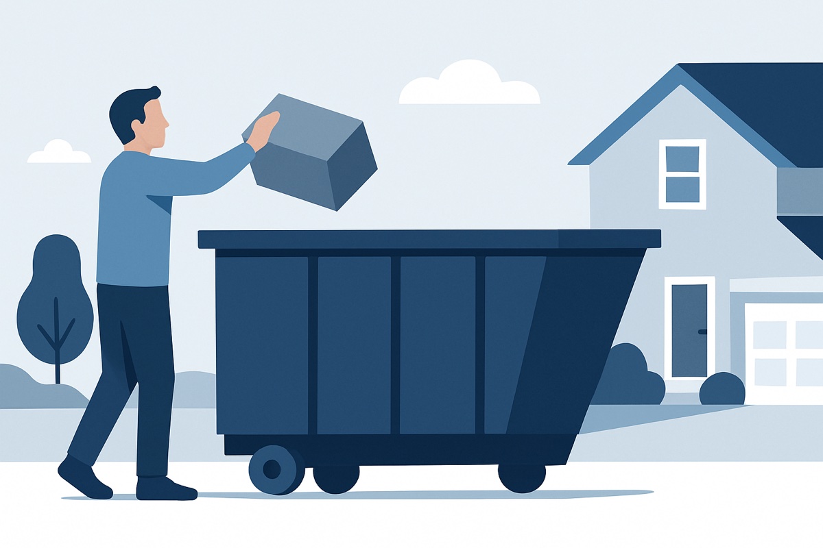 Illustration of a roll-off dumpster at a home