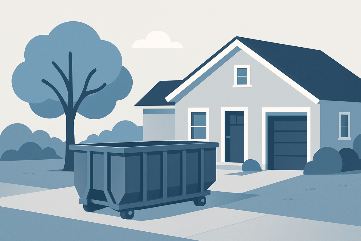 Illustration of a roll-off dumpster at a home