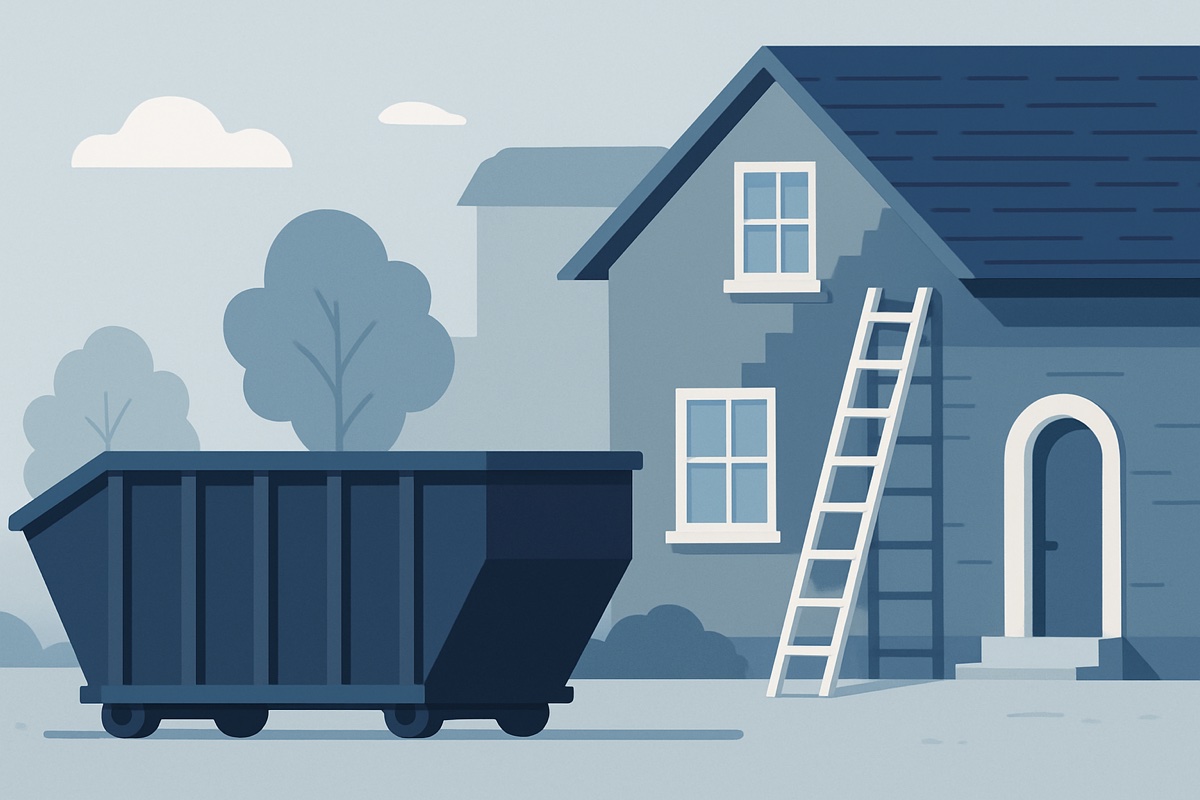 Illustration of a roll-off dumpster at a home