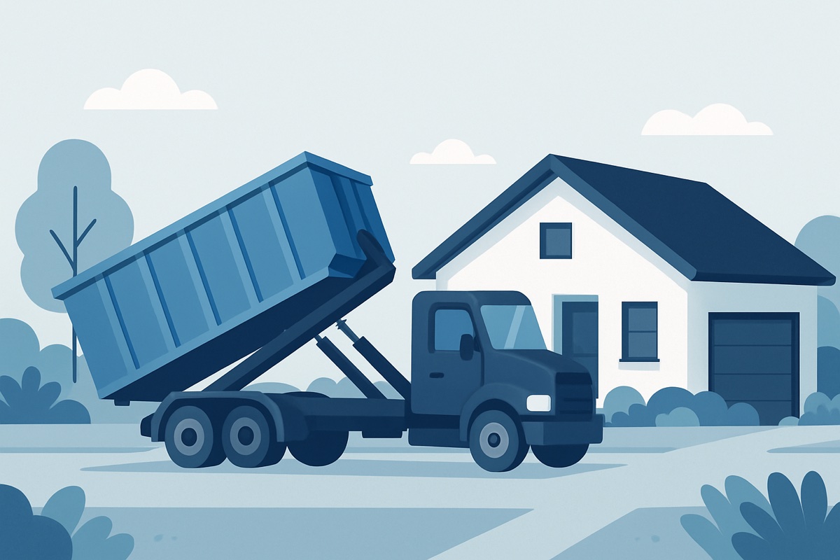 Illustration of a roll-off dumpster at a home