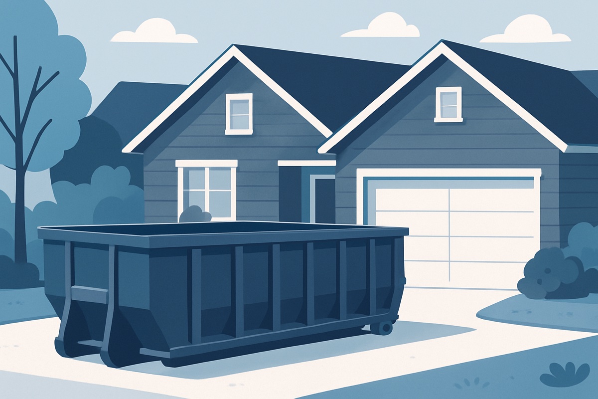 Illustration of a roll-off dumpster at a home