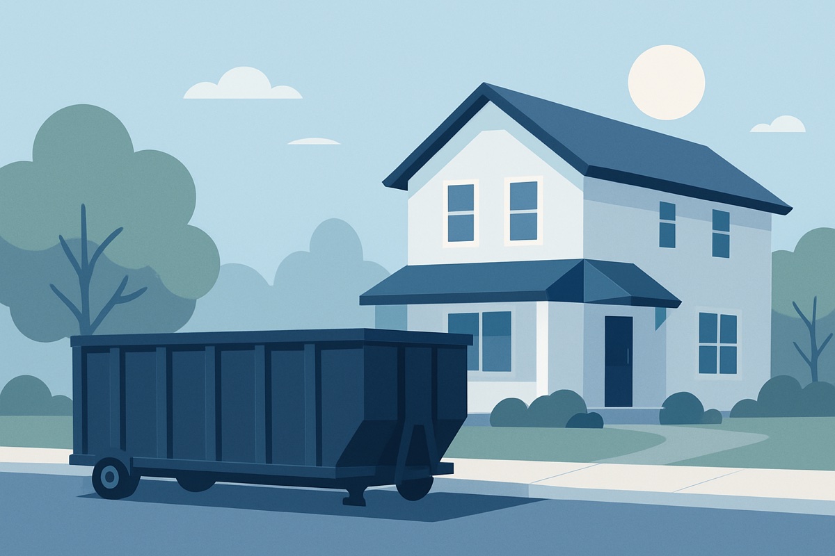 Illustration of a roll-off dumpster at a home