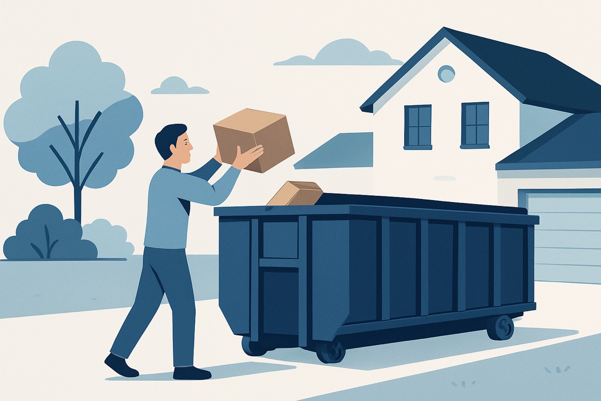 Illustration of a roll-off dumpster at a home