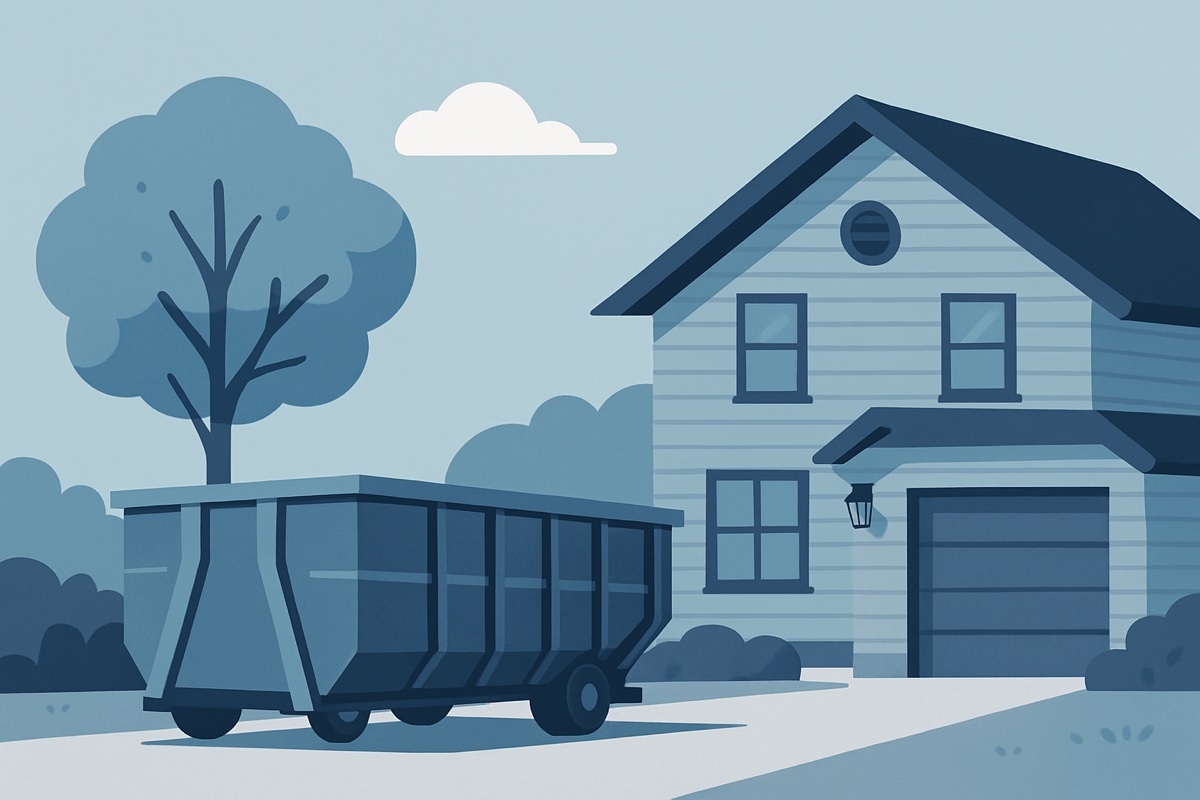 Illustration of a roll-off dumpster at a home