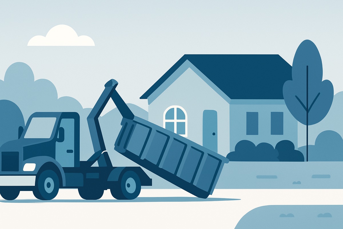Illustration of a roll-off dumpster at a home