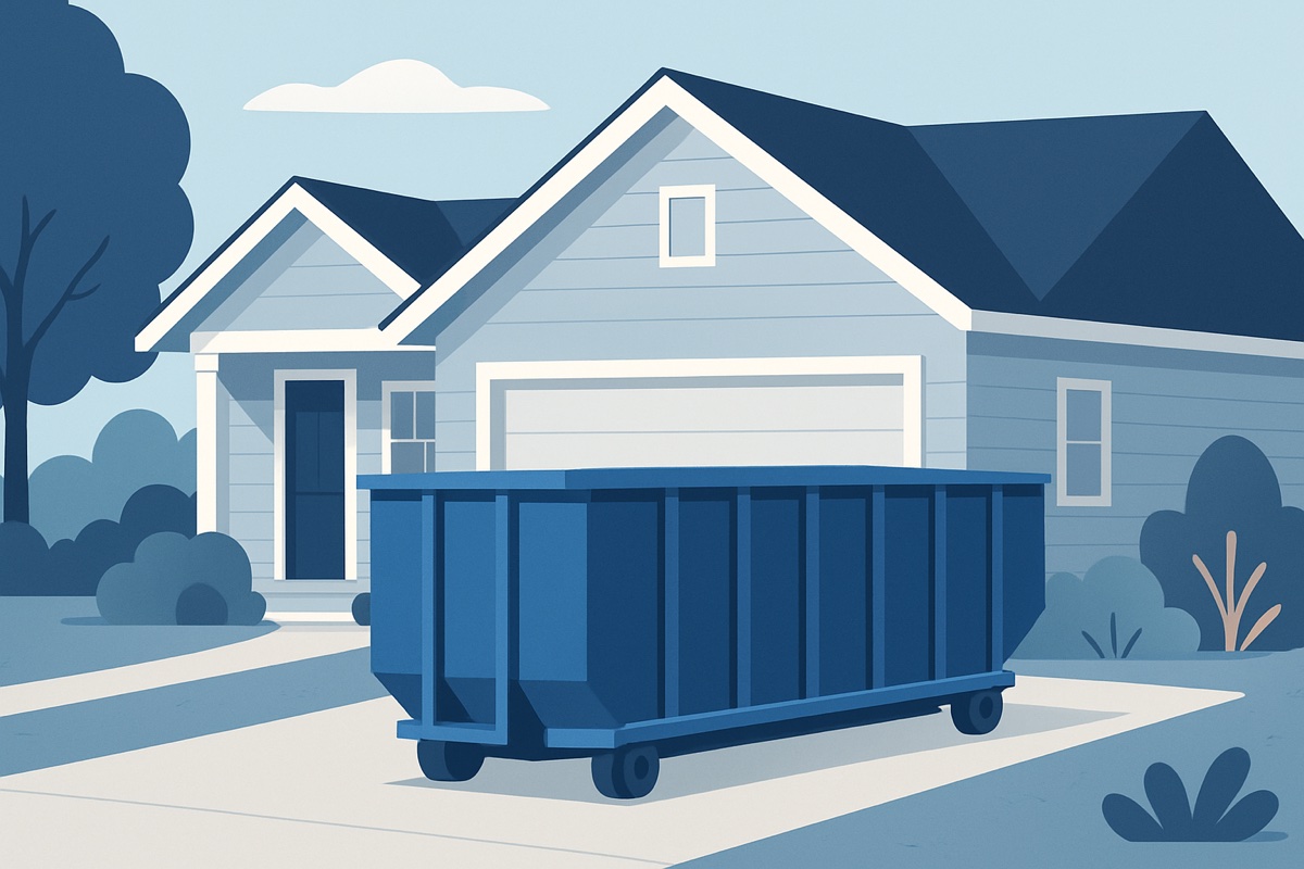 Illustration of a roll-off dumpster at a home