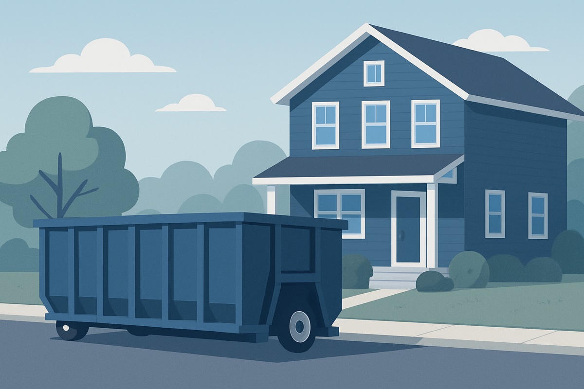Illustration of a roll-off dumpster at a home