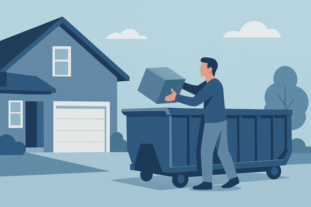 Illustration of a roll-off dumpster at a home