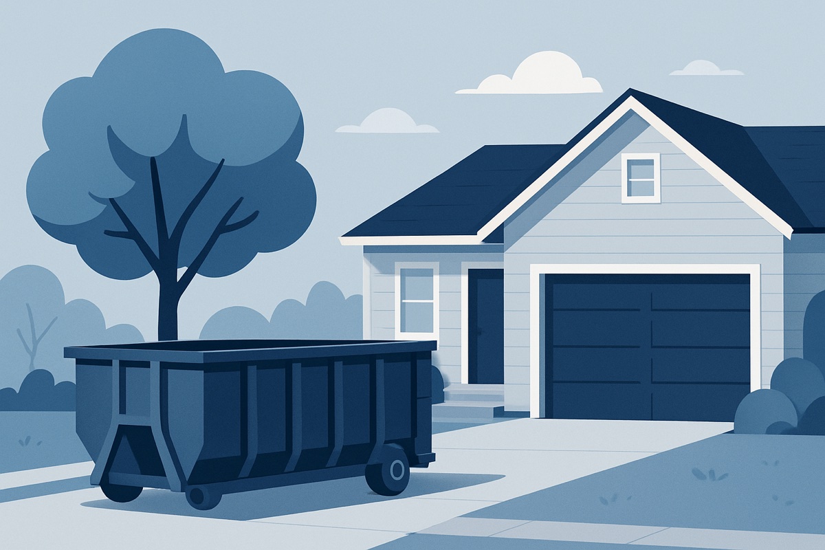Illustration of a roll-off dumpster at a home