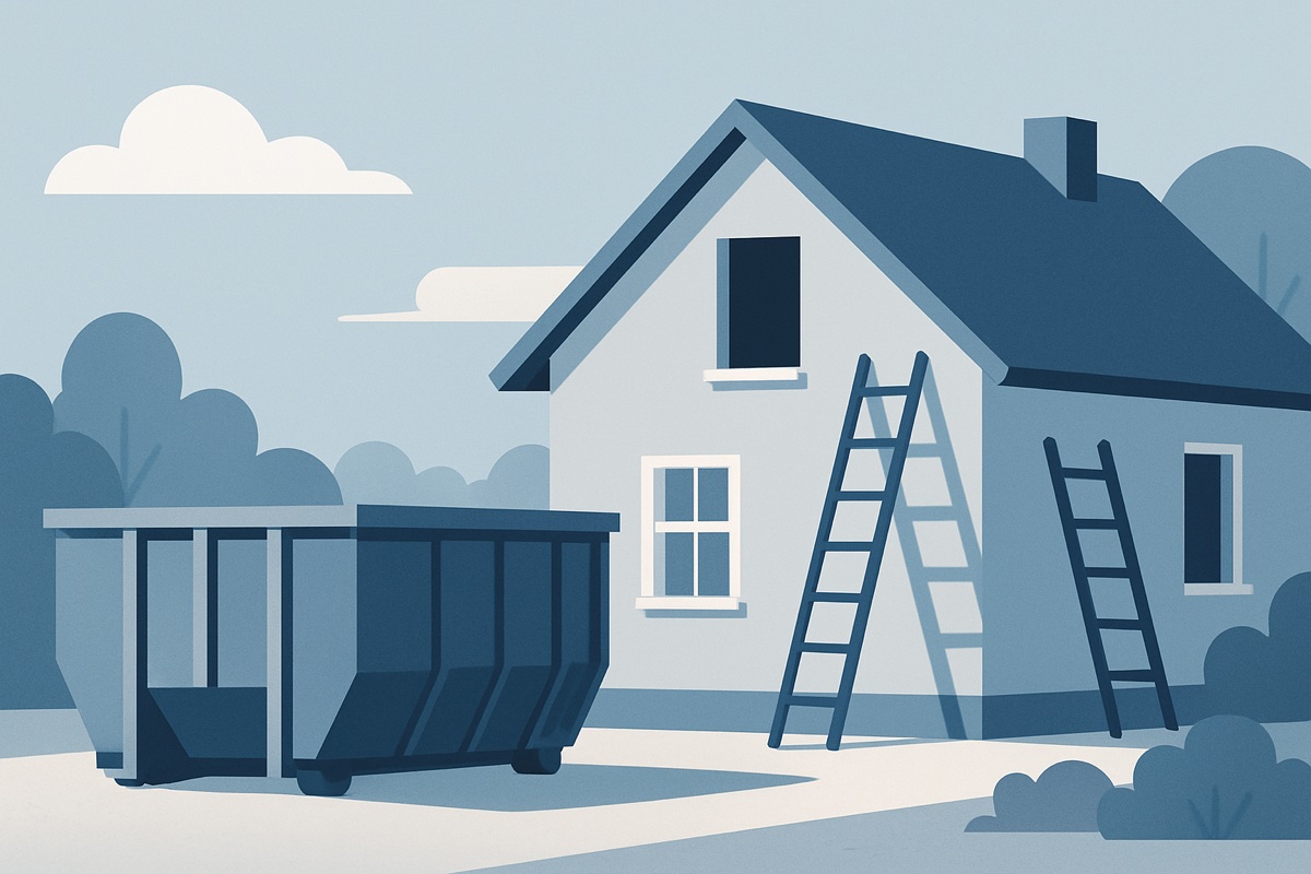 Illustration of a roll-off dumpster at a home