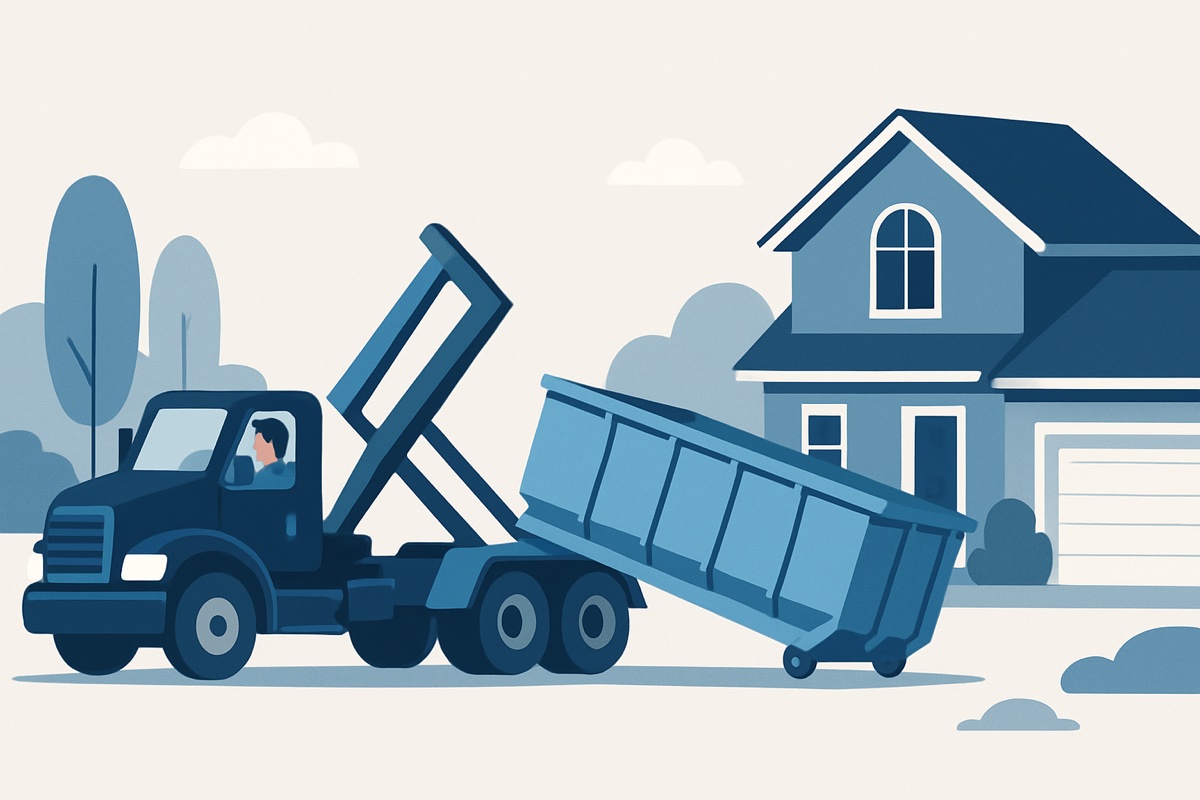 Illustration of a roll-off dumpster at a home