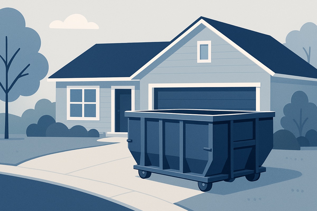 Illustration of a roll-off dumpster at a home