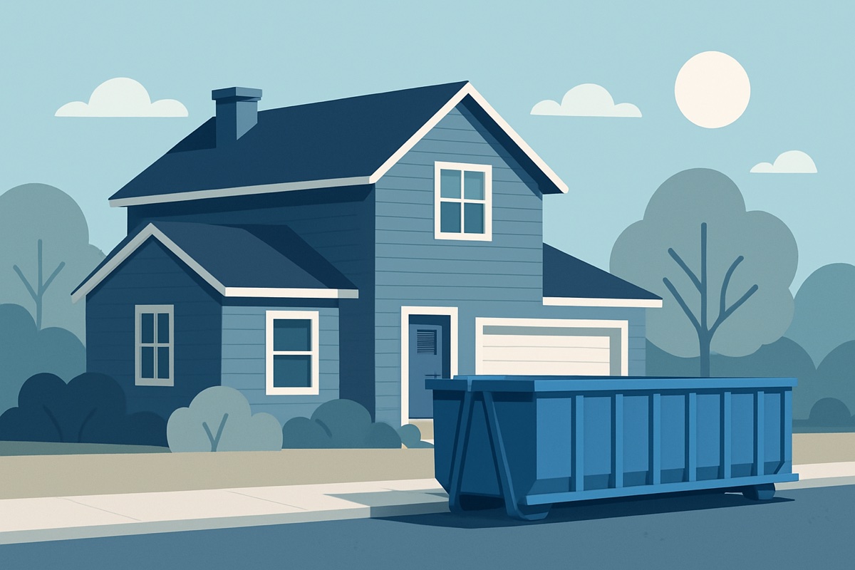Illustration of a roll-off dumpster at a home