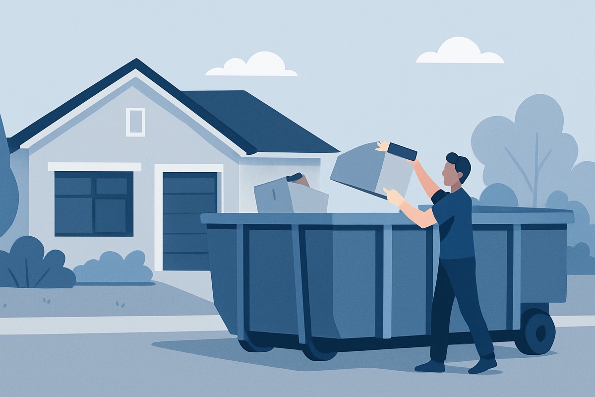 Illustration of a roll-off dumpster at a home