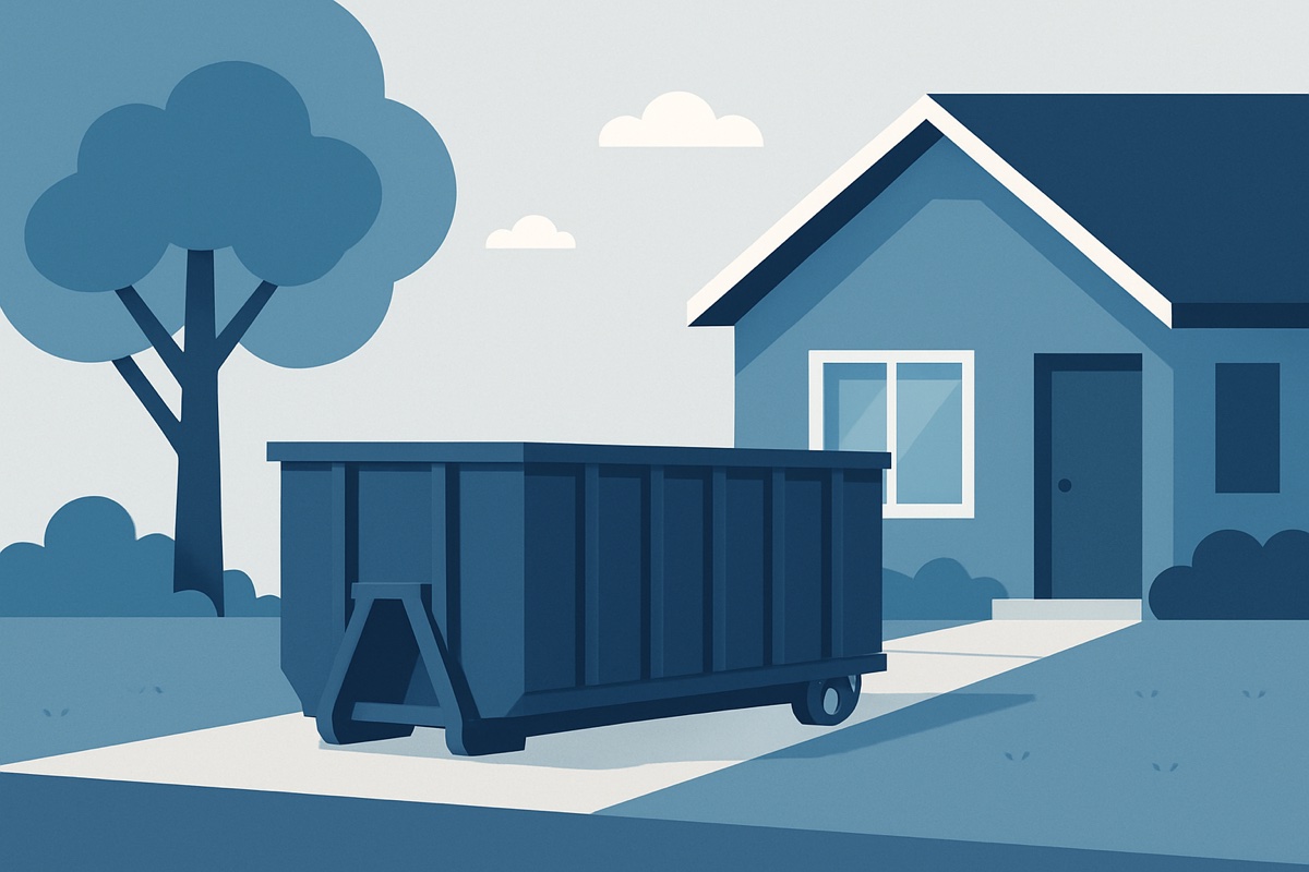Illustration of a roll-off dumpster at a home