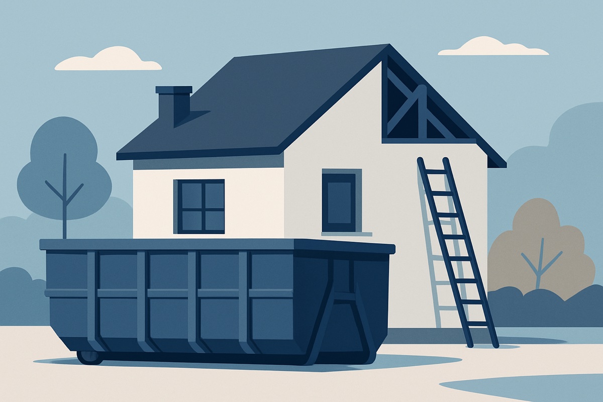 Illustration of a roll-off dumpster at a home