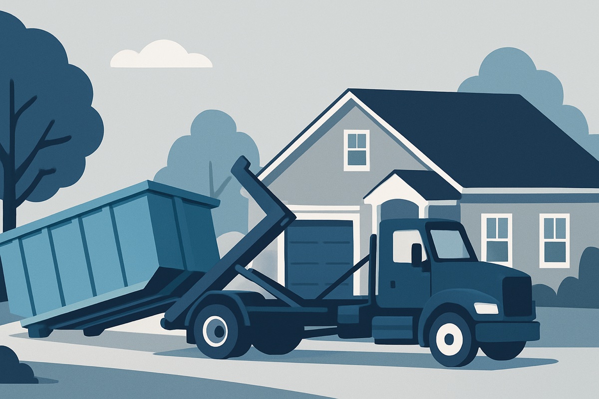 Illustration of a roll-off dumpster at a home