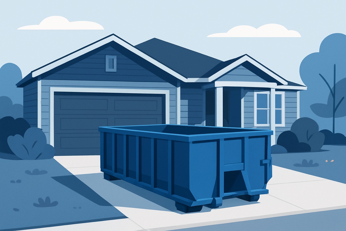 Illustration of a roll-off dumpster at a home