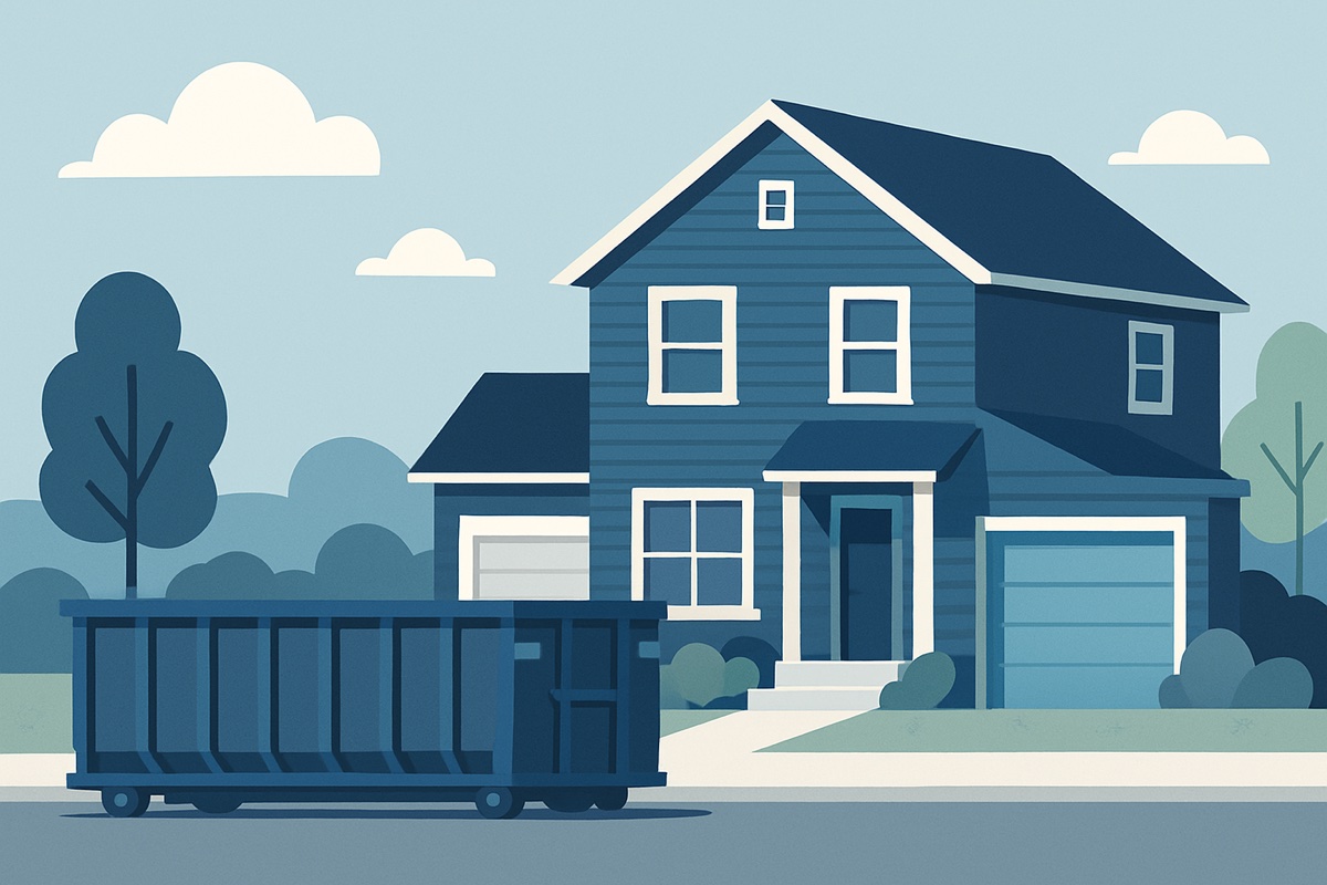 Illustration of a roll-off dumpster at a home