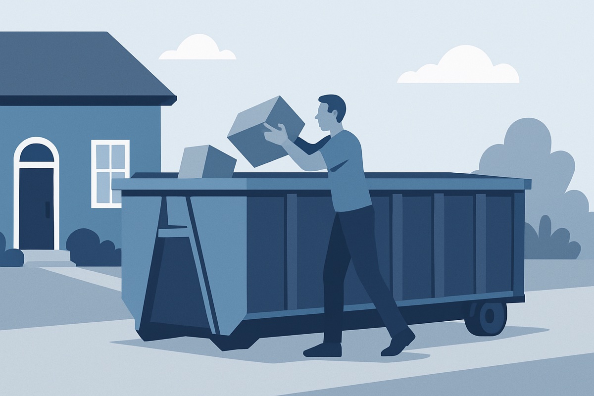 Illustration of a roll-off dumpster at a home