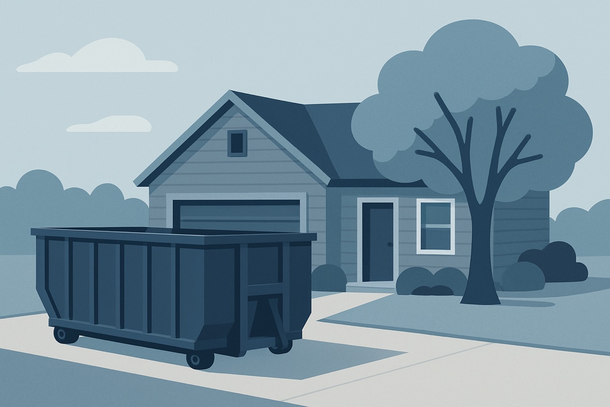 Illustration of a roll-off dumpster at a home