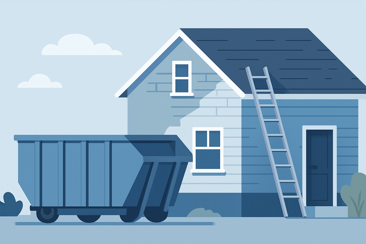 Illustration of a roll-off dumpster at a home