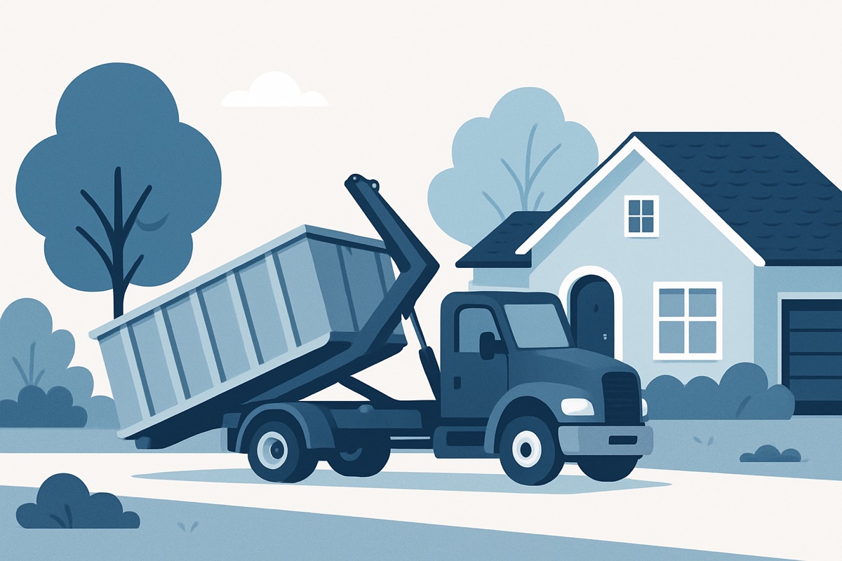 Illustration of a roll-off dumpster at a home