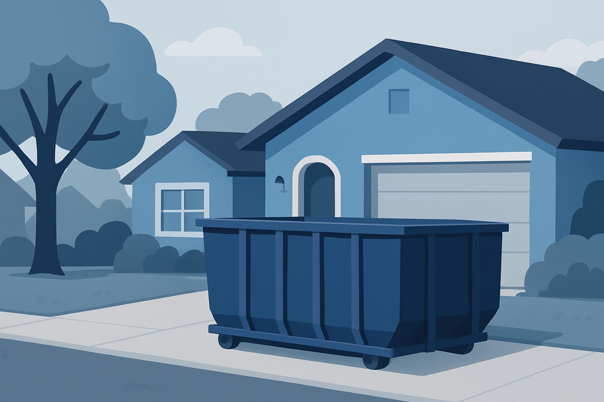 Illustration of a roll-off dumpster at a home