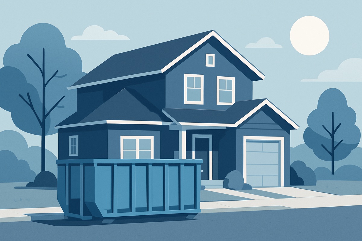 Illustration of a roll-off dumpster at a home