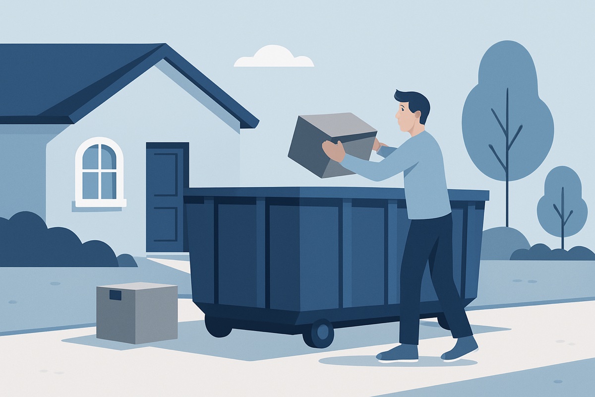 Illustration of a roll-off dumpster at a home