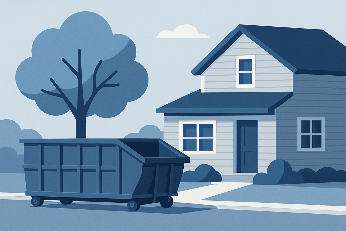 Illustration of a roll-off dumpster at a home