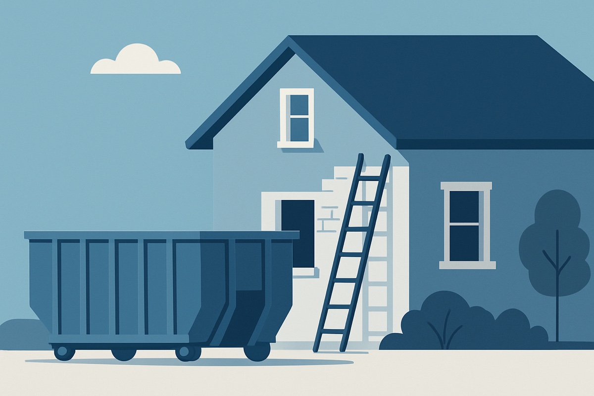 Illustration of a roll-off dumpster at a home