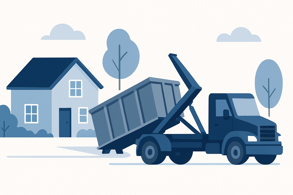 Illustration of a roll-off dumpster at a home