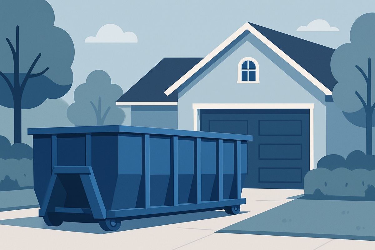 Illustration of a roll-off dumpster at a home