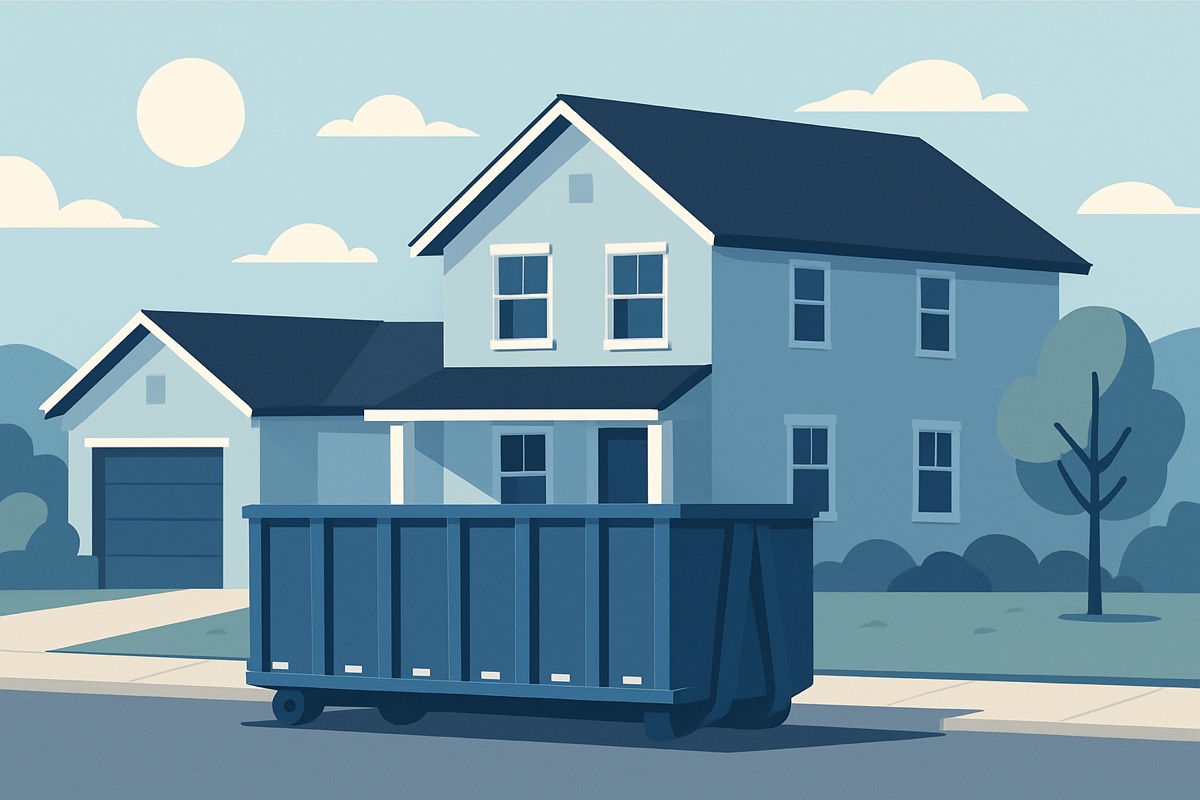Illustration of a roll-off dumpster at a home