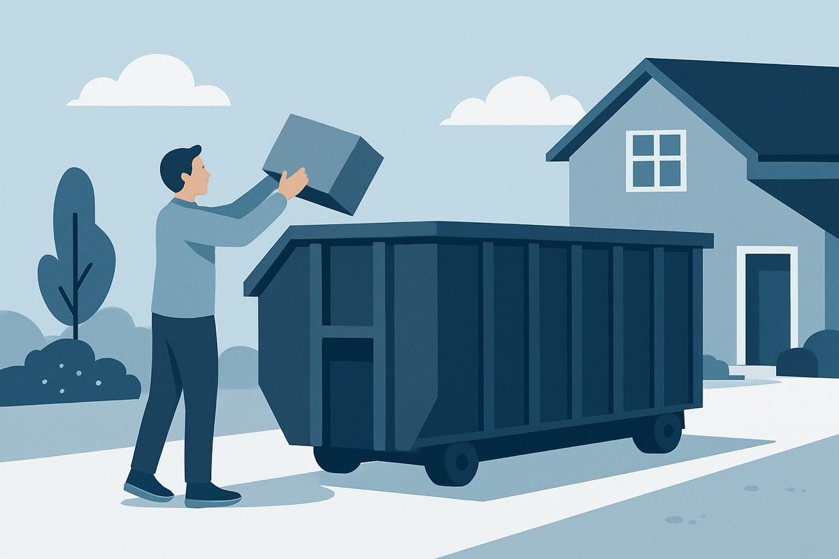 Illustration of a roll-off dumpster at a home