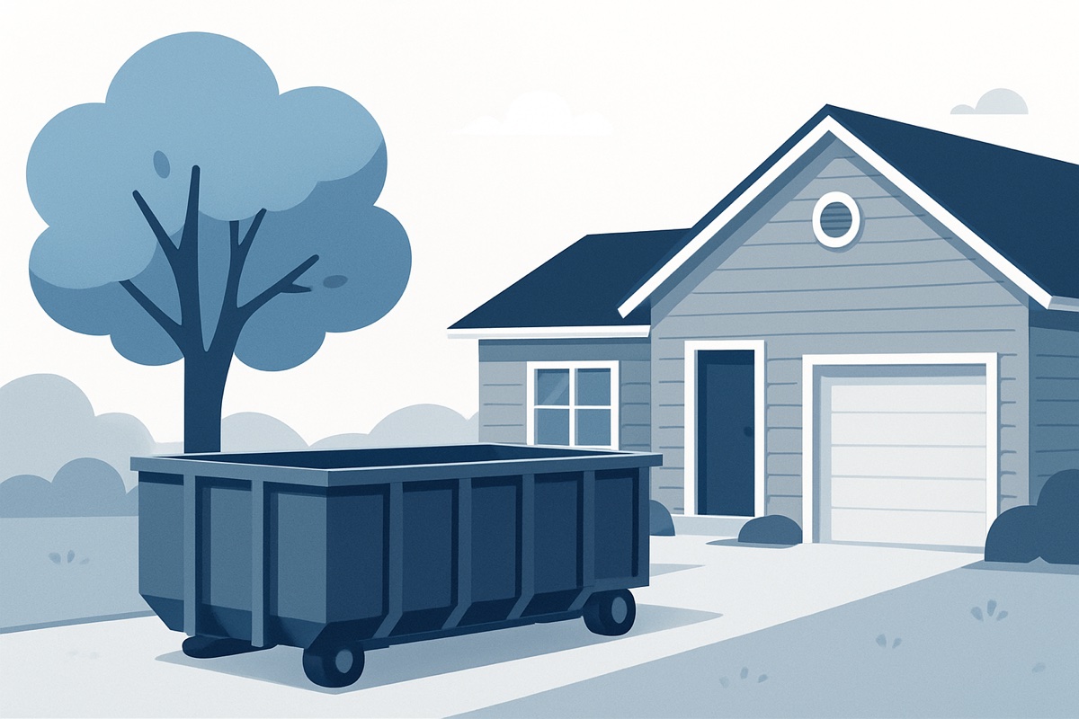 Illustration of a roll-off dumpster at a home