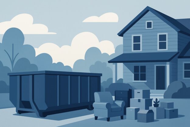 Illustration of an estate cleanout with a roll-off dumpster