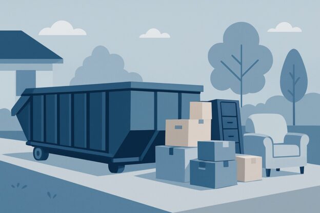 Illustration of a moving cleanout with a roll-off dumpster
