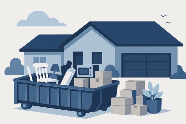 Illustration of a whole-home declutter with a roll-off dumpster