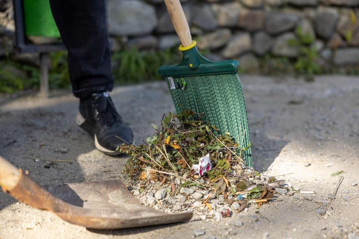 Raking up yard waste and debris for disposal